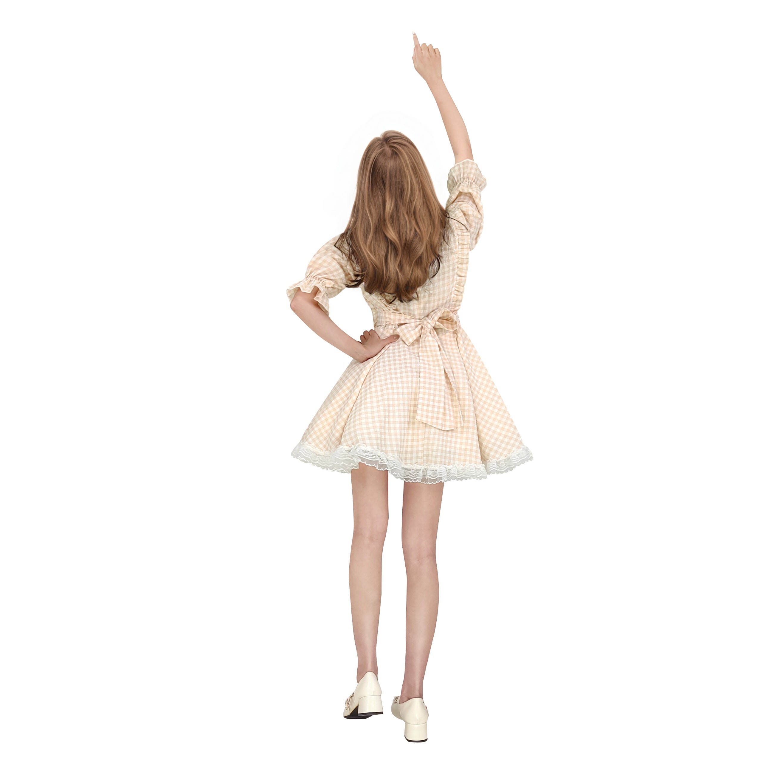 Sweet Lolita Gingham Dress with Lace Trim and Bows Kawaii Puff Sleeve Doll Style